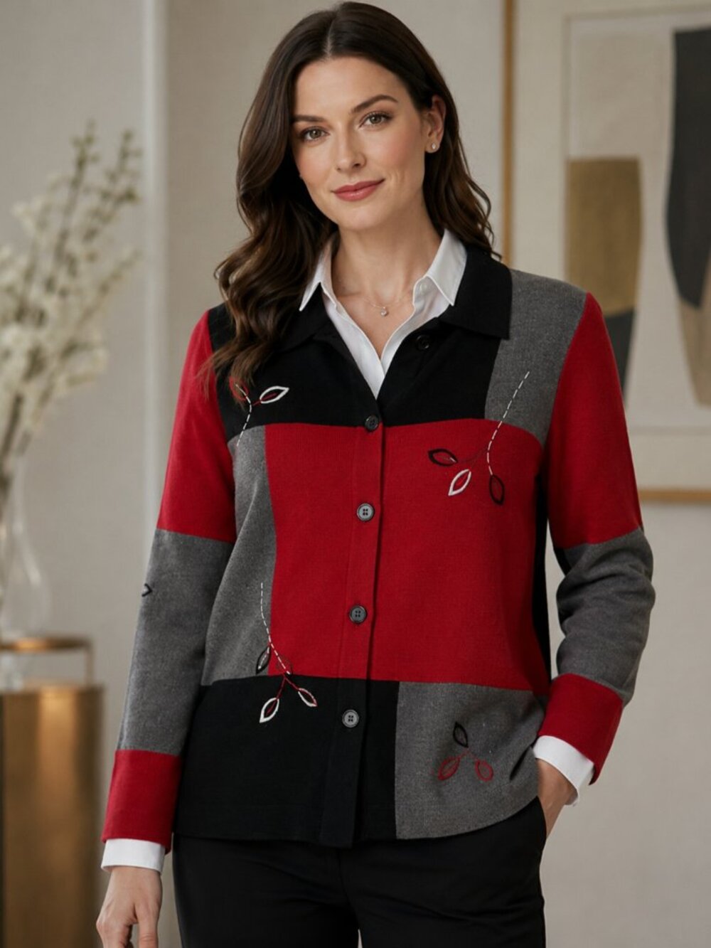 Coldwater Creek Red Gray Black Colorblock Embroidered Floral Jacket Blazer Mediu